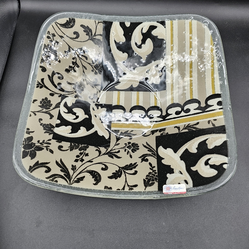 Peggy Karr Retro Damask Pattern Fused Glass 14" Square Bowl SIGNED Retired